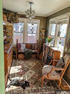 a living room filled with furniture and a dog laying on top of a rug in front of a window