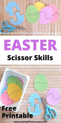 paper cut out letters and scissors on a table with the text easter scissor skills