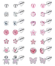 a bunch of different types of piercings on a white background with pink and silver accents