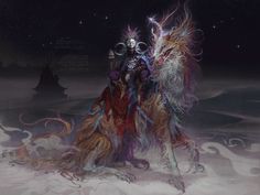 an image of a person on a dog in the snow with fire and ice around them