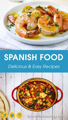 spanish food is shown with the title above it and an image of shrimp in a pot