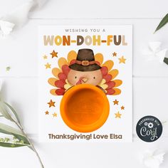 a thanksgiving card with a turkey in a pilgrim's hat and the words, wishing you a won - oh - ful