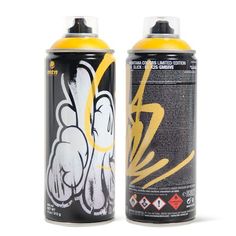 two cans of yellow and black spray paint, one with an image of a cartoon character on it