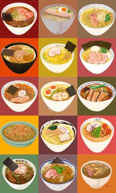 an image of different bowls of food on the same color scheme as shown in this poster