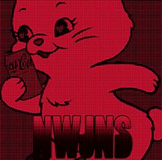 a red and black poster with an image of a cartoon character holding a teddy bear