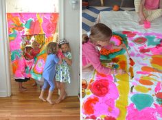 two pictures of children playing with paper plates on the floor and in front of them