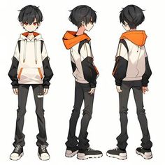 three different views of an anime boy wearing black and white clothes with orange scarf around his neck