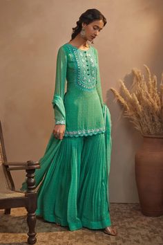 Buy Aneesh Agarwaal Green Georgette Printed Kurta Sharara Set Online | Aza Fashions Emerald Green Sharara, Mehendi Outfit, Sharara Pants, Kurta Sharara Set, Indian Designs, Kurta Sharara, Salwar Kamiz, Indian Dress, Party Wear Indian Dresses