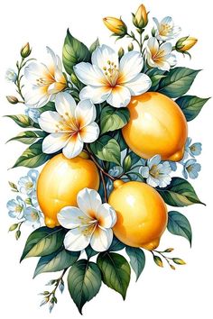 an image of oranges and flowers on a white background