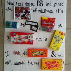 a bulletin board with candy and candies written on it's side, in front of a white background