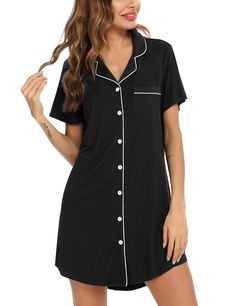 PRICES MAY VARY. Material —— Short Sleeve Button Nightgown is made of 95% Viscose and 5% Spandex, the fabric is ultra soft, breathable, skin-friendly and high elastic, comfortable short nightshirt for women. Boyfriend Style Sleepwear —— Long / Short sleeves, notch collar, v neck, button front, contrast piping, mid-thigh length, curved high-low hem add more fashion sense.postpartum essentials/Breastfeeding shirts for women/Nursing Pajamas Above the Knee length sleepdress is cool. Button up nights Night Shirts For Women, Boyfriend Sleeping, Nursing Gown, Breastfeeding Shirt, Nursing Pajamas, Pajama Dress, Soft Pajamas, Women's Nightgowns, Nightgowns For Women