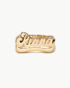 Spell it out in solid gold. While nameplates have no singular origin, much of the nameplate jewelry you see today stems from the iconic Fulton Street in Brooklyn during the 80s and 90s. Today, we pay homage to this legacy with a modern approach and bold, spirited design which we are honored + excited to share. This ring is made in 14k gold and is intentionally designed completely solid (no hollow rings here). With each ring weighing in around 9-12 grams, they boast a distinctive weight you can f Classic Gold Engraved Ring With Custom Name, Classic Gold Rings With Custom Name, Classic Yellow Gold Engraved Ring With Custom Name, Nameplate Jewelry, Nameplate Ring, Historical Concepts, Fulton Street, Hollow Ring, Hip Hop Culture