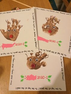 three christmas cards with reindeer faces on them