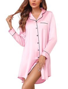 PRICES MAY VARY. 【Silk Pjs Material】This silk satin nightgown is made of 96% Polyester, and 4% Other Fibers. Soft, breathable, and skin-friendly nightshirt for women, perfect for sleeping or lounging at home. 【Boyfriend Nightshirt Style】Sleep shirts for women, Boyfriend nightshirts, Feature with notch collar, V neck button front, one chest pocket with contrast piping, knee length, and curved high-low hem design. The button down nightgown for women is easy to put on and take off, perfect for nurs Satin Long Sleeve Nightgown For Loungewear, Long Sleeve Satin Sleepwear For Spring, Pink Satin Sleepwear For Bedtime, Long-sleeve Satin Nightgown For Sleepovers, Satin Long Sleeve Nightgown For Sleepover, Long Sleeve Satin Nightgown For Sleepovers, Satin Long Sleeve Sleepwear For Night, Long Sleeve Satin Sleepwear For Night, Summer Long Sleeve Sleep Nightgown