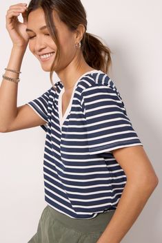 The striped Girlfriend tee by Z Supply will be your new favorite staple, featuring a relaxed v-neck silhouette in soft cotton fabric. You'll love it paired with denim, or tucked into a skirt for an elevated look. Sporty Striped V-neck Top, Striped Cotton V-neck T-shirt, Casual Striped V-neck Top, Striped V-neck Tops For Loungewear, Striped Relaxed Fit V-neck Tops, Striped T-shirt For Spring Loungewear, Spring Striped T-shirt For Loungewear, Belted Blazer, Short Denim Skirt