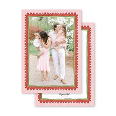 an image of two women and one child with flowers in the background on pink cards