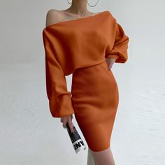 Slim Knitting Mini Dress TS71212 Click to shop now|Free stable shipping world-wide! Casual Orange Winter Dress, Orange Casual Winter Dress, Fitted Orange Knit Dress, Batwing Sleeve Pattern, Knitting Dress, Female Clothes, Elegant Attire, Dress Zipper, Batwing Sleeve