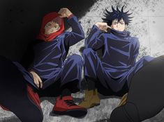 two anime characters sitting on the ground with their hands behind their backs and one holding his head