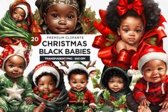 christmas black babies with red bows and green sweaters are featured in this digital clipart