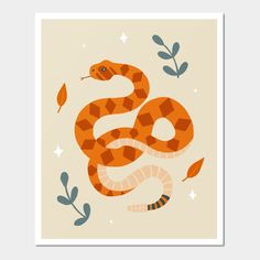 an orange and black snake with leaves on it's back, surrounded by stars