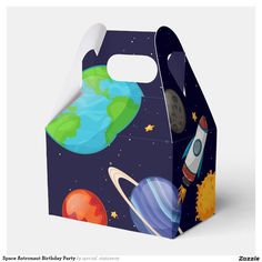 a small space themed party bag with an image of the earth and stars on it