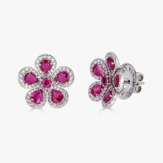 Round Ruby 1.04 carats Round White Diamond Earring set in 18K White Gold with posts only Earring Measures: 18mm x 18mm Mouse-tail Mechanism for Drops (sold separately) Fine Jewelry Flower-shaped Earrings With Prong Setting, White Gold Flower Shaped Earrings With Gemstones, Mouse Tail, Yellow Diamond Necklace, White Diamond Necklace, White Diamond Earrings, Classic Flower, Yellow Diamond Rings, Pearl Shop