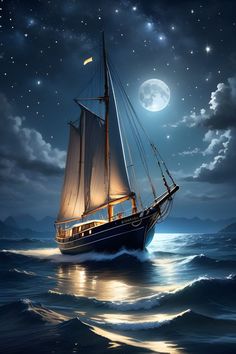 a painting of a sailboat in the ocean at night with full moon and stars