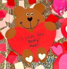 a valentine's day card with a teddy bear holding a heart surrounded by hearts