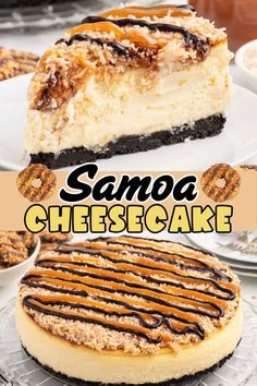 there is a cheesecake with chocolate and caramel toppings on the top, along with other desserts