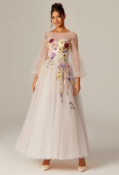 Float in fairy-tale splendor with our floral tulle A-line gown, featuring a gentle U-neck that whispers elegance, and a floor-length skirt that dances with every step. Floral Tulle Dress, Tulle Prom Dresses, Floral Bridesmaid Dresses, Floral Bridesmaid, Floor Length Skirt, Pink Tulle, Autumn Beauty, Pink Floral Dress, A Line Gown