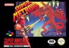 the gameboy version of super metroid is shown in red and black, with an image of a dragon attacking another creature