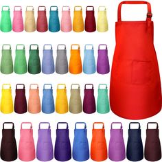 various colors of aprons are shown in this image