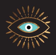 an eye with gold and blue colors on it's iris, in the shape of a sunburst