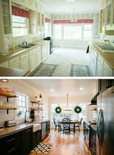 before and after pictures of a kitchen remodel with white cabinets, black appliances, and wood floors