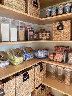 an organized pantry with baskets and food items