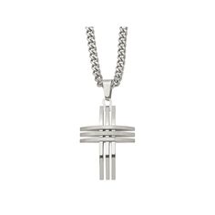 Display your faith in a unique way whenever you wear this stainless steel cross pendant. Display your faith in a unique way whenever you wear this stainless steel cross pendant. Pendant size: 50 mm x 25 mm Chain length: 24 in. Chain type: curb Chain width: 4 mm Metal: stainless steel Finish: polished Packaging: boxed Please note, due to the high value of this item, a signature may be required upon delivery. Size: One Size. Color: White. Gender: male. Age Group: adult. Silver Stainless Steel Cross Pendant Necklace, Minimalist Stainless Steel Cross Pendant Necklace, Minimalist Silver Stainless Steel Cross Necklace, Silver Stainless Steel Cross Necklace, Modern Stainless Steel Cross Necklace For Gift, Modern Stainless Steel Cross Pendant Necklace, Modern Stainless Steel Cross Jewelry, Modern Silver Cross Pendant Necklace, Pendant Display