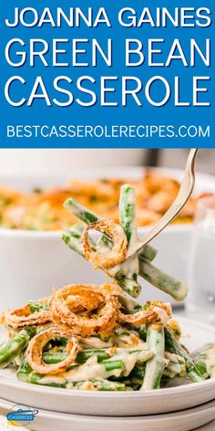 green bean casserole in a white bowl with the title overlay above it