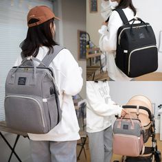 two women carrying backpacks in different colors