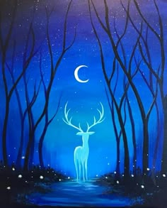 an acrylic painting of a deer in the woods at night