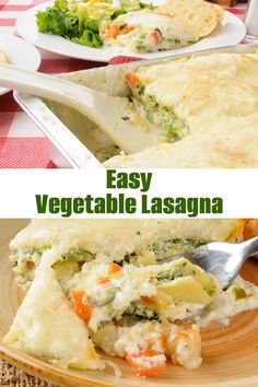 an easy vegetable lasagna recipe is shown on a plate with a serving spoon