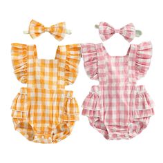 An adorable plaid ruffle romper that radiates cuteness! The sweet ruffled sleeves and hem are dripping with charm, finished off with a darling head bowtie. A delightful little outfit! Spring Gingham Bubble Romper With Ruffles, Cute Gingham Bubble Romper For Spring, Cute Spring Gingham Bubble Romper, Plaid Cotton Bubble Romper For Summer, Summer Plaid Cotton Bubble Romper, Summer Cotton Plaid Bubble Romper, Cute Yellow Bubble Romper With Ruffles, Cute Summer Plaid Bubble Romper, Ruffle Romper