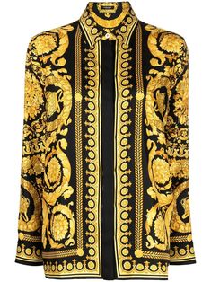 Barocco-print long-sleeve shirt from VERSACE featuring black, gold, silk, signature Barocco print, classic collar, concealed front button fastening, long sleeves, buttoned cuffs and straight hem. | Versace Barocco-print long-sleeve shirt Versace Baroque, Versace Shirts, Versace Top, Baroque Print, Printed Silk Shirt, Versace Shirt, Latest Fashion Design, Twill Shirt, Tops Black