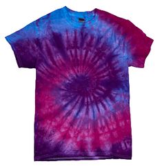 This boho-style cotton t-shirt features a beautiful tie-dyed pattern in colors of purple, pink, and blue. Perfect for a casual, vibrant look, it's sure to become a favorite in any wardrobe. Hand Dyed Pink Cotton T-shirt, Blue Hippie Cotton T-shirt, Blue Cotton Hippie T-shirt, Bohemian Tie Dye Short Sleeve T-shirt, Hippie Hand Dyed Tie Dye T-shirt, Hand Dyed Purple Short Sleeve T-shirt, Pink Cotton Festival T-shirt, Pink Short Sleeve T-shirt For Festivals, Pink Cotton T-shirt For Festivals