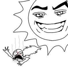 a cartoon sun with a face on it and an angry bird in the foreground