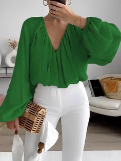 Shirt Collar Elegant Flouncing Top | stylewe Plain Blouse, Loose Outfit, Womens Long Sleeve Shirts, Lantern Sleeves, Blouse Styles, V Neck Tops, Clothing Patterns, Fashion Prints, Spring Fashion