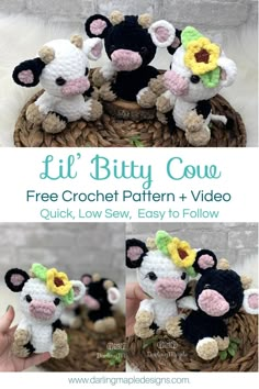 crochet pattern for a stuffed cow with flowers on its head