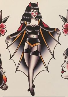 Pin Up Girl Tattoos, Traditional Tattoo Halloween, Sailor Jerry Tattoo Flash, Tato Tradisional, Funky Tattoos, Spooky Tattoos