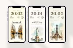 three iphones displaying the new york times and their time zones, with one showing the statue of liberty