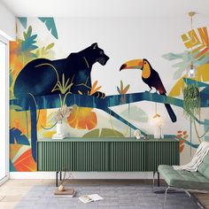 an animal themed wallpaper in a living room