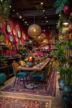 a dining room filled with lots of plants and plates hanging from the ceiling above it